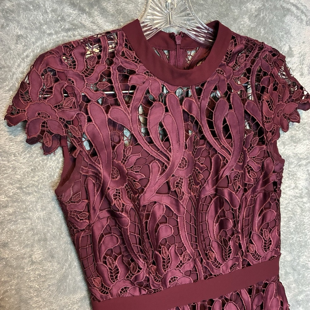 ANTONIO MELANI Wine Lace Asymmetrical Hem Dress